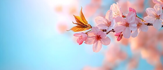 Aufkleber - Blossoming cherry tree branches with soft sunlight filtering through creating a peaceful and serene natural landscape scene