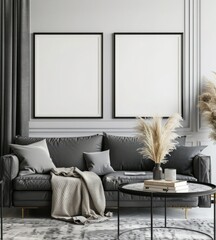 Two empty picture frames above a grey sofa with throw pillows and a blanket in a living room with a coffee table. dried pampas grass. and a rug