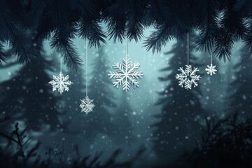 Wall Mural - Snowflakes hanging from branches in a winter forest during a snow shower at twilight