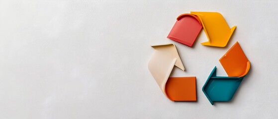 Poster - Vibrant recycling symbol made up of various colorful plastic waste materials arranged on a clean white background showcasing the concept of sustainability environmental conservation
