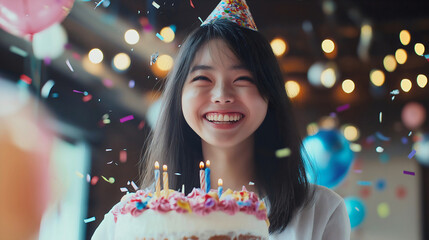 Portraot of happy Asian woman celebrating her birthday at a lively party celebration, featuring a young girl with an excited beautiful smile and cheerful spirit, making it a fun and joyful event