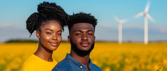Poster - Young couple exploring a wind farm and learning about renewable energy sources and green power solutions for a sustainable future