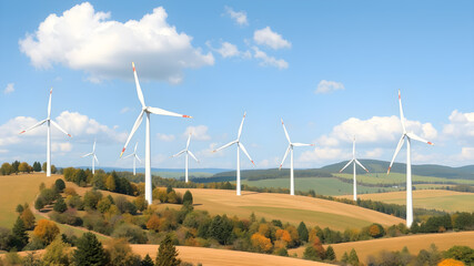 Bright, colorful illustration of wind turbines standing tall in a green landscape with trees, and a beautiful sky. Renewable energy.. Generative AI