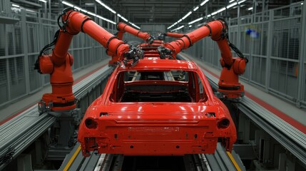 automated car assembly line with robotic arms