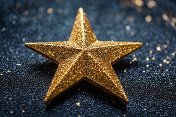 Shimmering golden star decoration on dark glittery background in festive setting