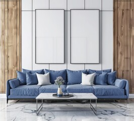 Modern living room interior with a blue sofa. two blank frames. and a marble coffee table