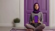 © Chronicles Artsy  - Peaceful Reflection: A Hijabi Woman Meditating in Front of a Vibrant Purple Door