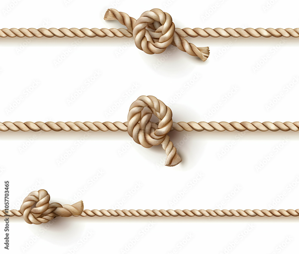 Three Rope Knot Three different types of nautical rope knots tied on a thick white rope ...