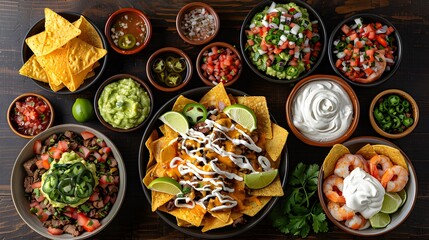 Mexican nachos with various toppings, dips, and shrimp on a dark wooden background. Flat lay composition. Mexican food and party appetizer concept for design and print