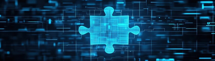 Poster - Digital puzzle interface, blue neon glow, hightech elements, abstract background