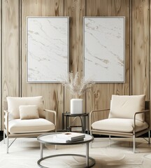 Two beige armchairs with wooden frames face each other across a round glass coffee table in a minimalist living room There are two white framed pictures above the armchairs. and a small white vase wit