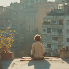 man meditating city