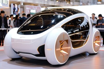 Futuristic autonomous electric concept car displayed at a technology exhibition