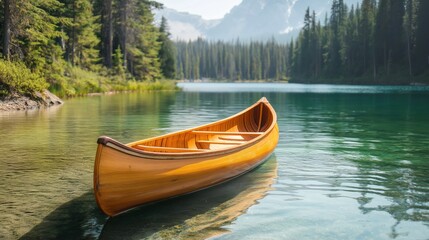 Wall Mural - a wooden canoe floating on a serene lake surrounded by lush green trees and mountains.