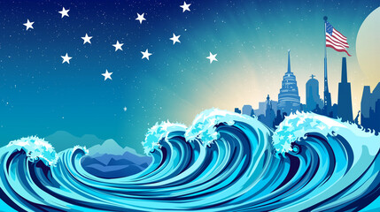 Illustration of waves crashing against a city skyline with an American flag under a starry night sky