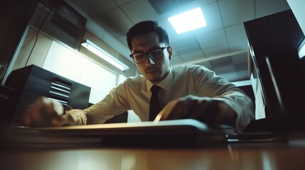 Canvas Print - Man is sitting at a desk and writing on a computer