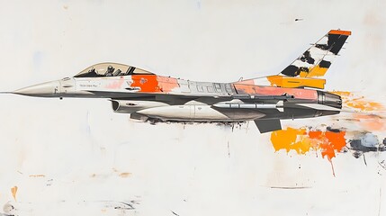 A fighter jet in flight, painted in a colorful abstract style.