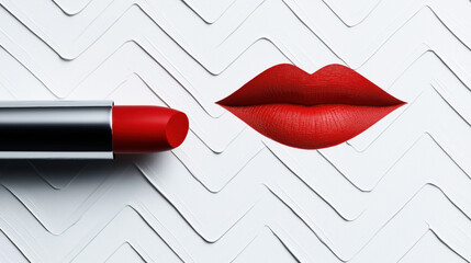 Wall Mural - Close-up of red lipstick next to red lips on a textured white geometric background