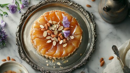 Classic Tarte Tatin with rich caramel topping, on a vintage silver tray, with whole almonds and edible flowers