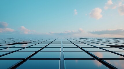 A stunning perspective of modern architecture reflective glass facade against a blue sky with clouds