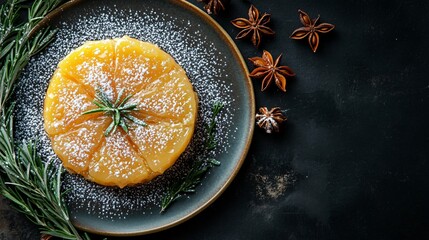 Golden Tarte Tatin with a dusting of powdered sugar, isolated on a vintage plate, with fresh rosemary and star anise