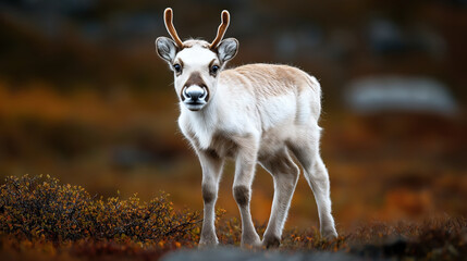 Wall Mural - close-up of a young reindeer standing in a natural habitat with autumn foliage in the background.