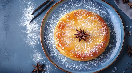 Golden Tarte Tatin with a touch of powdered sugar, isolated on a blue ceramic plate, with star anise and vanilla bean