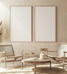 Two blank poster frames in a minimalist living room with a wooden coffee table. two wicker chairs. and pampas grass in a vase