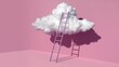 © Nemanja - White cloud atop pink platform with steps, abstract dreamlike artwork