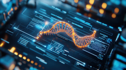 Digital DNA structure with glowing lines on futuristic interface, showcasing advanced technology and genetic research