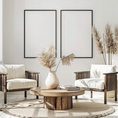 Minimalist living room interior with two armchairs. a wooden coffee table. a vase with pampas grass. and two blank frames