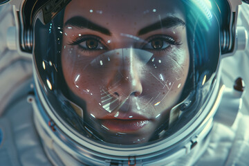 close-up of the face and helmet visor of an astronaut woman floating in space.