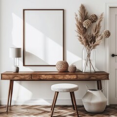 A minimalist interior design with a wooden desk. a white stool. a lamp. and a vase with dried flowers The room is decorated in a boho style with a white wall and wooden floor