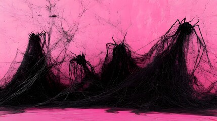 Black Spider Web on Pink Background, Abstract Image, Texture, Pattern Background, Wallpaper, Cover and Screen for Smartphone, PC, Laptop, 9:16 and 16:9 Format