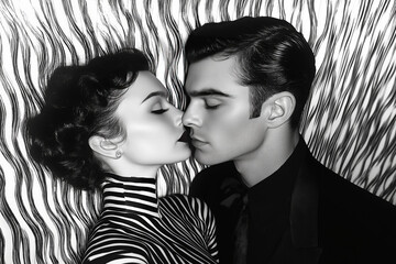 This captivating moment captures a couple on the cusp of a kiss, their stylish attire contrasting beautifully with a unique striped backdrop, exuding romance and sophistication. Generative AI