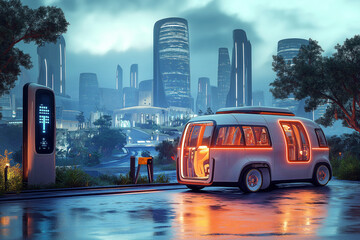 A family road trip in a futuristic electric van, stopping at a scenic charging station overlooking a modern eco-friendly city with sustainable infrastructure.