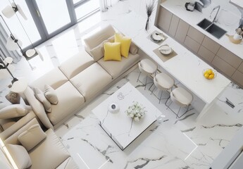 An overhead view of a modern living room with a white sectional sofa. two yellow pillows. and a white coffee table The kitchen is in the background with a white countertop. a sink. and cabinets