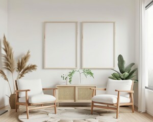 Two white armchairs with wooden frames. a round rug. a cabinet. and two empty frames on a white wall in a minimalistic living room