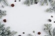 © Tahir - Christmas greeting card. Christmas frame border with copy space. Noel festive background. New year symbol. Fir branches snow and pine cones. Minimal flat lat xmas design