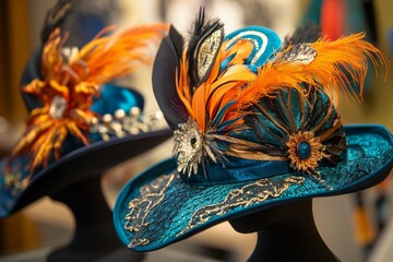 Wall Mural - Elegant feathered hats with orange and blue details showcasing intricate designs