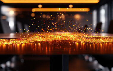 Poster - A shimmering display of golden particles floats above a dark surface, creating a magical, enchanting atmosphere in a warm environment.