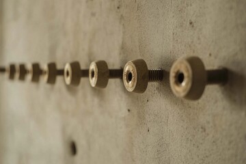 Abstract focused view of industrial metal bolts on concrete wall