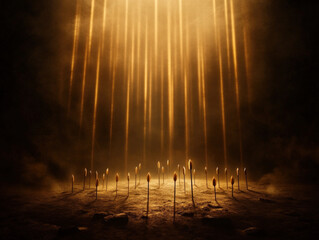 Aufkleber - A dramatic scene features beams of light piercing through darkness, illuminating a ground scattered with tall objects.