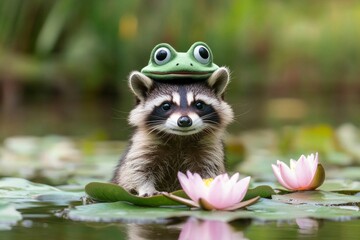 Playful raccoon with frog hat exploring pond among lilies