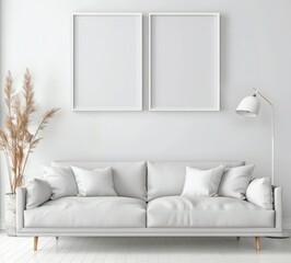 A minimalist living room with a white sofa. two empty picture frames. and a floor lamp