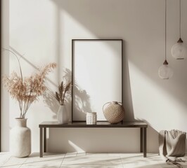 A minimalist interior design with a blank frame. a wooden bench. dried pampas grass in a vase. and two hanging light bulbs The wall is white and the floor is tiled