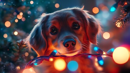 A playful dog adorned with holiday lights gazes at the camera, illuminated by colorful bokeh, creating a warm and festive atmosphere.