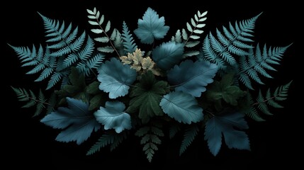 Wall Mural - close up of a bunch of green leaves with a blue background. the leaves are arranged in a way that th