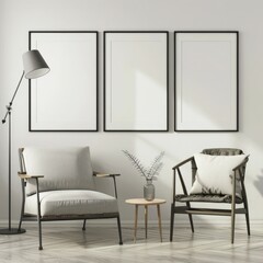 Minimalist living room interior with two chairs. a table. a plant. and three empty frames on the wall