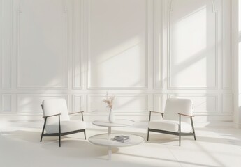 Minimalist living room interior with two white armchairs. a coffee table. and a vase of dried flowers Sunlight streams through the window casting shadows on the white walls